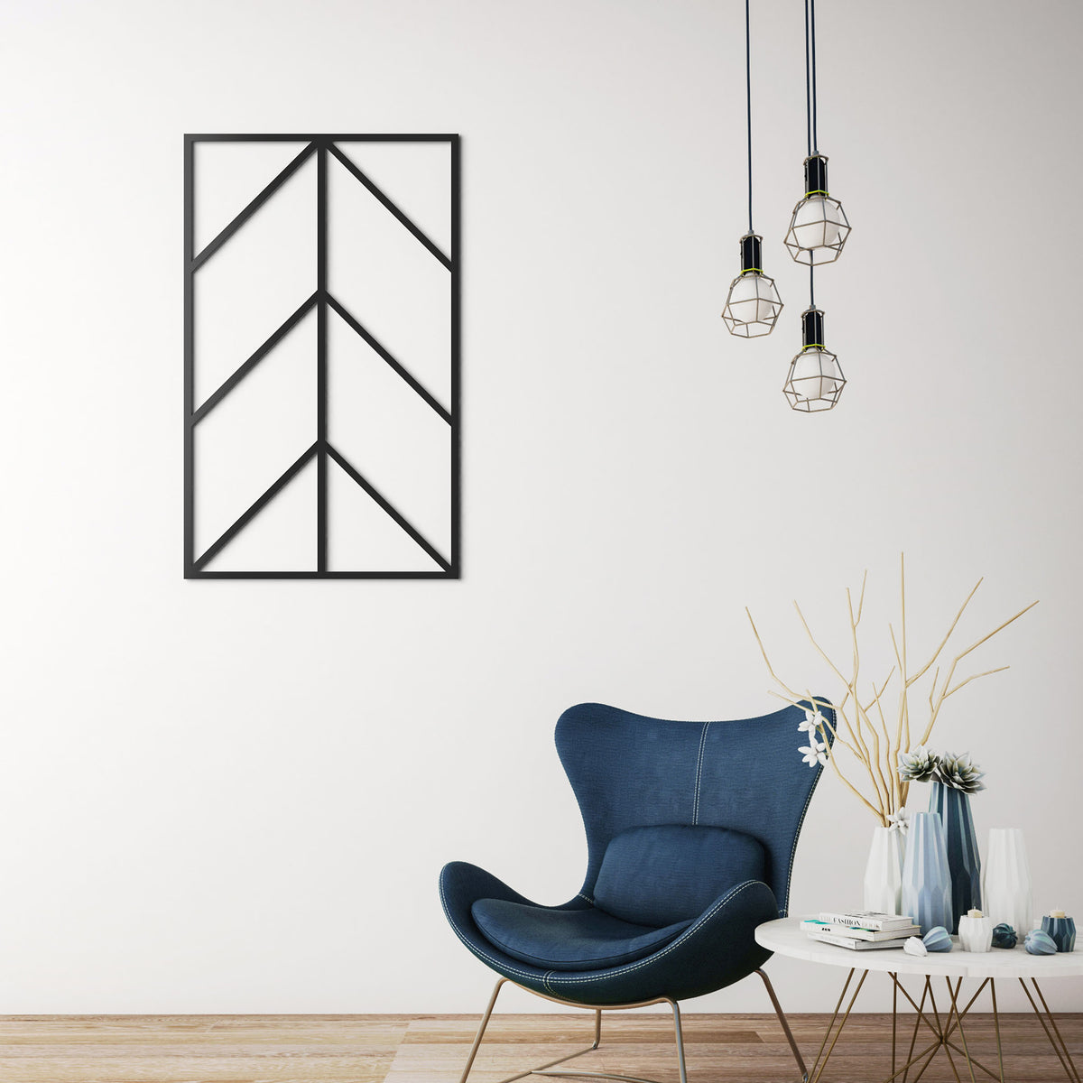 Mewa 1er Wanddeko in Schwarz in einer Leseecke mit blauen Stuhl und Heller Einrichtung