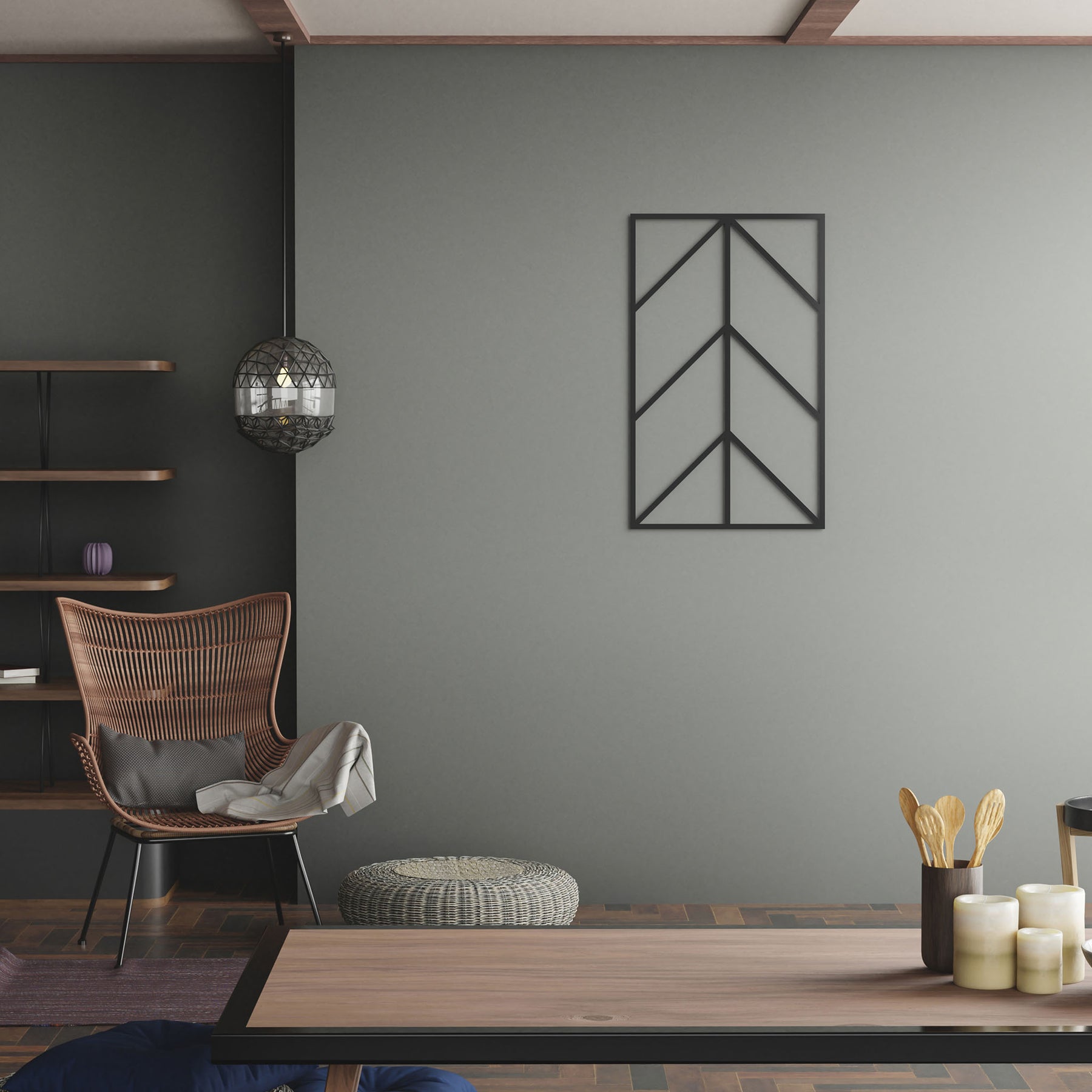 Mewa 1er in einem Wohnzimmer mit gruener Wand und Holzoptik