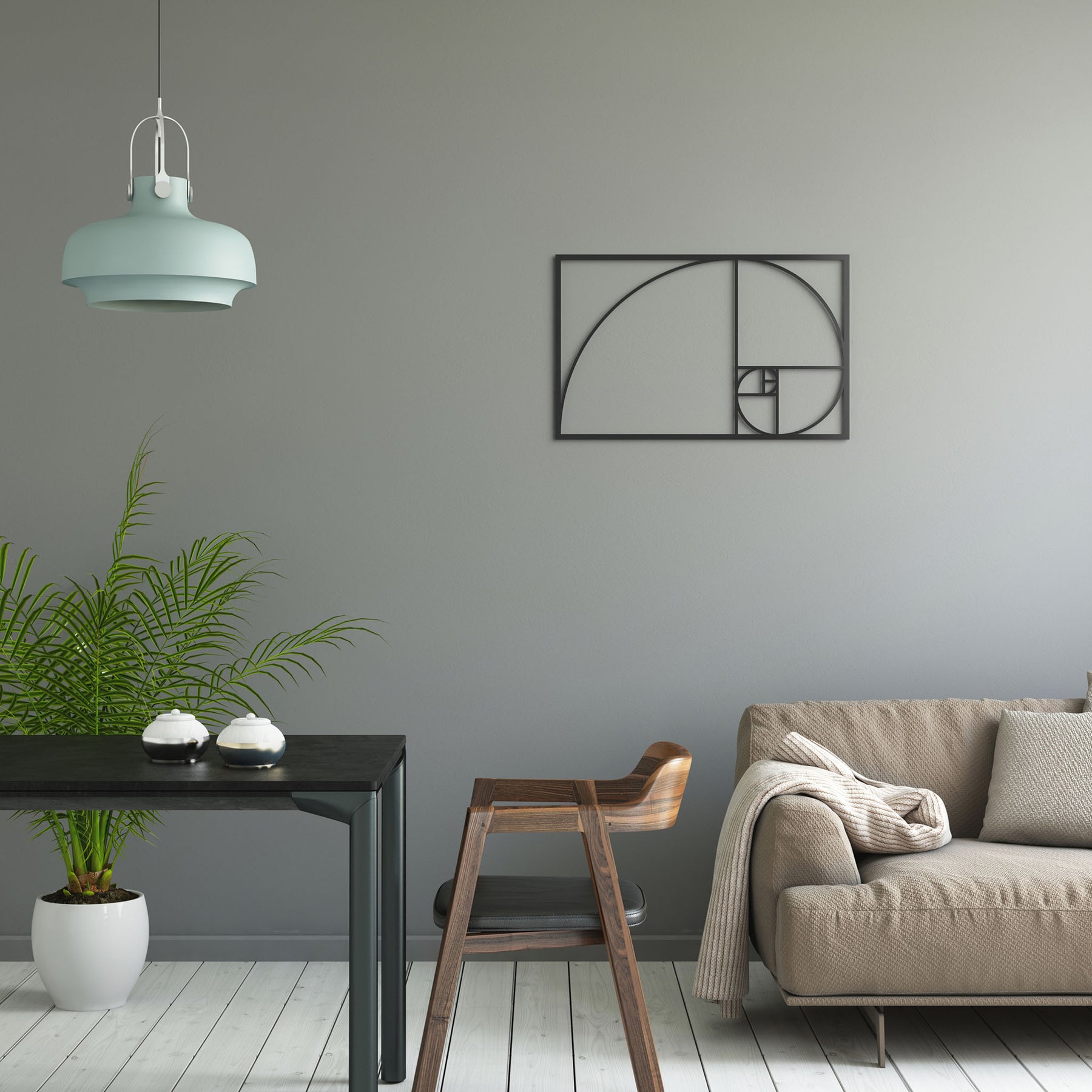 Mewa Goldener Schnitt an einer gruenen Wand im Wohnzimmer mit stilvoller Einrichtung und schwarzem Tisch und braunem Sofa